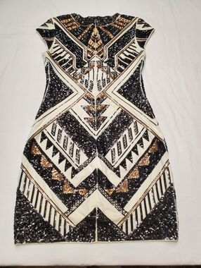 Express Sequin Beaded Art Deco Bodycon Cocktail Dress Small Gold Black White